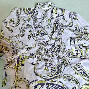 New York & Company Purple Paisley Sheer Ruffled Tunic Blouse